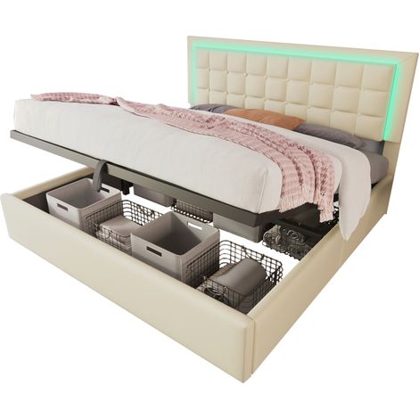 CHICFURN Cama doble 180x200 con LED, almacenaje hidráulico, tapizada en cuero regenerado blanco, estructura de metal y madera, sin colchón, para dormitorio moderno (1/5)