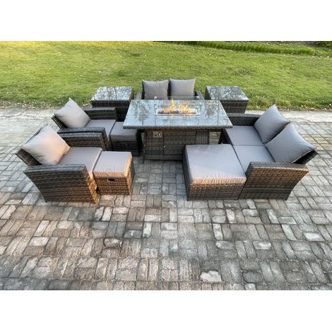 Fimous Outdoor Garden Furniture Sets 10 Pieces Wicker Rattan Furniture Gas Firepit Dining Table Sofa Set with 3 Footstools 2 Side Tables Dark Grey Mixed (1/5)