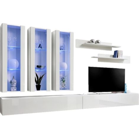 Composizione murale FLY E3 - Mobili TV sospesi, vetrine LED e mensole - Bianco lucido - Design moderno (1/2)