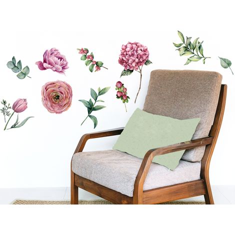 Sticker mural décoratif fleurs aquarelle, 68 cm X 48 cm, illustration pâle et délicate (1/2)