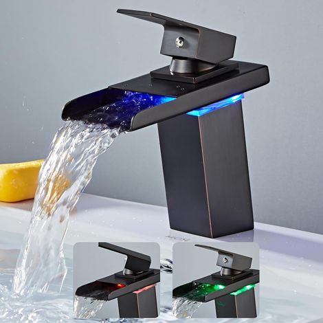 Mitigeur LED lavabo – RGB 3 couleurs – Capteur température – Cascade – Laiton – Noir (1/5)
