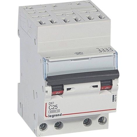 Disjoncteur DX³6000 10kA arrivée haute automatique départ bas à vis 4 Pôles 400V 25A courbe C LEGRAND 407916