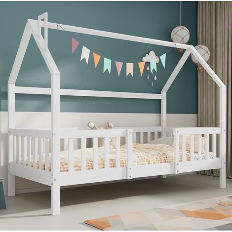 MEUBLIV Cama cabaña 90x200 cm blanca – con techo, barandilla y chimenea, sin colchón (1/5)