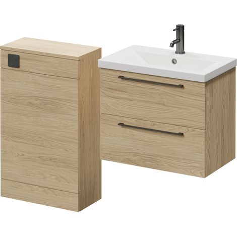Napoli 390 Light Oak 1100mm Wall Mounted 2 Drawer Vanity Unit and Toilet Suite with Glide Basin - 1100mm - Gunmetal Grey 320mm HandleWithout Kingston Toilet Pan