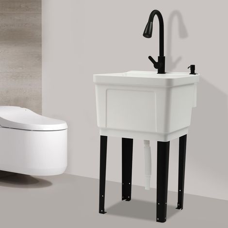 Lavandino servizio extra profondo lavanderia nero con spruzzatore arco alto, rubinetto nero opaco, condotte integrate, kit sifone P, stazione lavaggio heavy duty autonoma montata a terra (1/5)