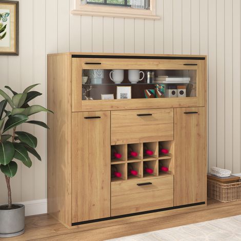Buffet, avec doubles portes, étagère en verre et porte-bouteilles, en bois, naturel (1/5)