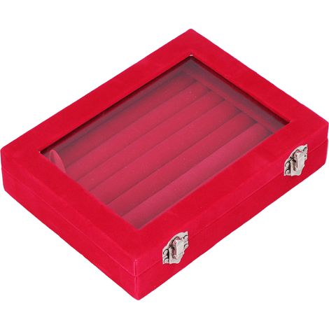 Boîte de rangement velours rouge 7 cases pour boucles d'oreilles, bracelets et colliers, coffret à bijoux (1/5)
