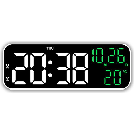 Réveil LED avec thermomètre, calendrier perpétuel, 23 cm (9 pouces), design minimaliste moderne, boîtier blanc multifonction, éclairage vert (1/5)