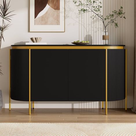 Buffet 4 portes 140 x 38 x 80 cm, meuble de rangement avec passe-câbles, en MDF et pieds métal, pour salon, Noir (1/5)