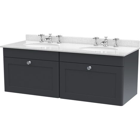 Nuie Classique Satin Soft Black 1200mm Wall Hung 2 Drawer Vanity Unit with White Marble Countertop and 2 Round Basins with 6 Tap Holes - CLC1494WR6 (1/2)