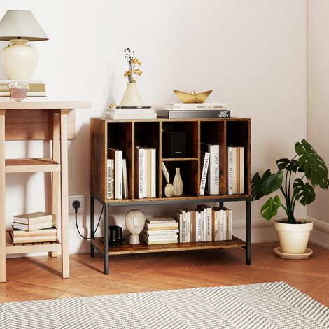 Support pour Tourne-Disque avec Station de Recharge avec Rangement pour Vinyles Table de Rangement pour 150 Disques avec Étagères Café (1/3)