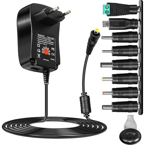 Chargeur Universel, 30W Adaptateur Secteur Universel AC-DC Adapter 12V 9V 7.5V 6V 5V 4.5V 3V Transformateur d'alimentation avec 8 Connecteurs DC pour électroniques (1/5)
