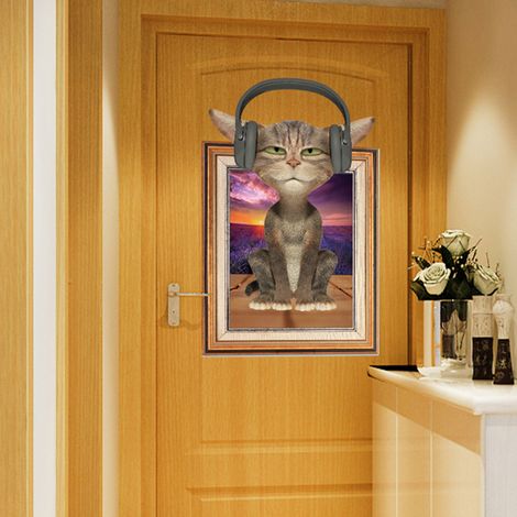 Selbstklebender, abnehmbarer Wandaufkleber „Katze mit Kopfhörer“ für die Dekoration von Zuhause und Büro (1/5)