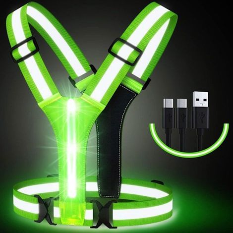 Gilet réfléchissant LED, rechargeable par USB, taille/épaule réglables - Vert