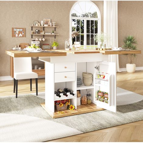 Table extensible 110-140 x 80 x 75 cm pour 4 à 6 personnes avec rangement, blanc et naturel HAVRYA (1/5)