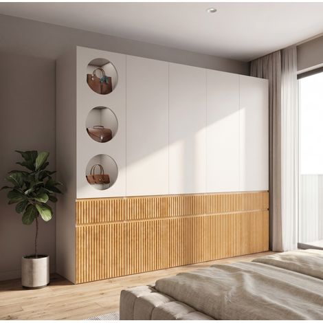 MODFU – Armario 225x50x200 cm de MDF/aglomerado con 10 puertas, 3 cajones, 2 roperos y carga 30/20 kg – Roble claro/gris (1/5)