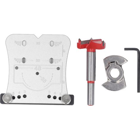 Herramienta de apertura de orificios para bisagras de aleación de aluminio de 35 mm, guía de perforación de posicionamiento rápido y juego de brocas plateadas. (1/5)
