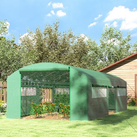 Invernadero tipo túnel con 3 puertas enrollables, 6 ventanas, estacas y cuerdas, invernadero de jardín para hortalizas y plantas en acero galvanizado y PE, 6x3x2 m, verde