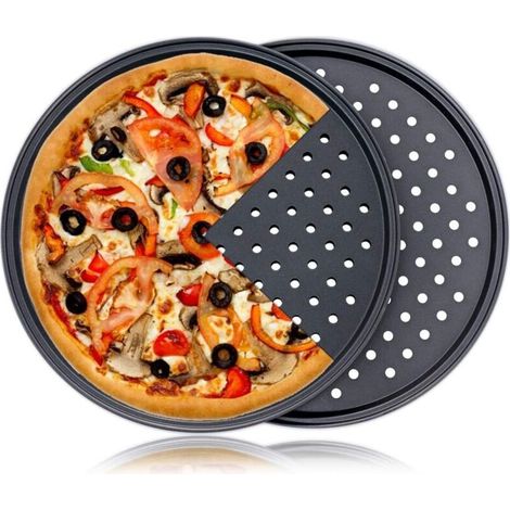 Plaque à pizza perforée - Lot de 2 plaques antiadhésives perforées en acier carbone - Convient aux cuisines domestiques - 26 cm x 1,3 cm (1/5)
