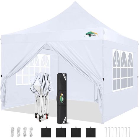 Tonnelle pliante 3x3m blanche, imperméable, résistante, avec 4 parois latérales et protection UV50+ (1/5)