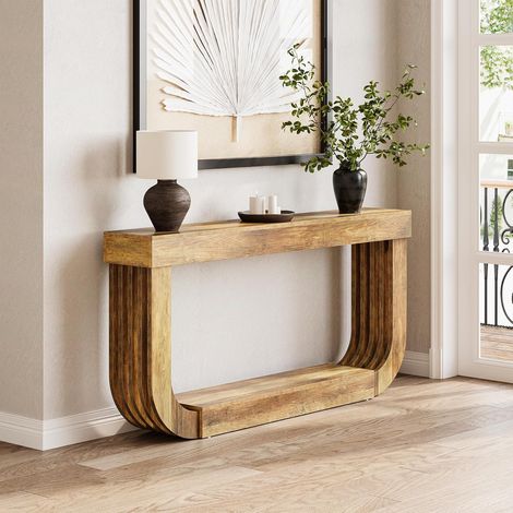 Tribesigns 180 cm extra langer schmaler Konsolentisch, 2-stufiger brauner Holz-Sofatisch für das Wohnzimmer, großer Flur-Diele-Tisch mit schwerem U-förmigen Sockel