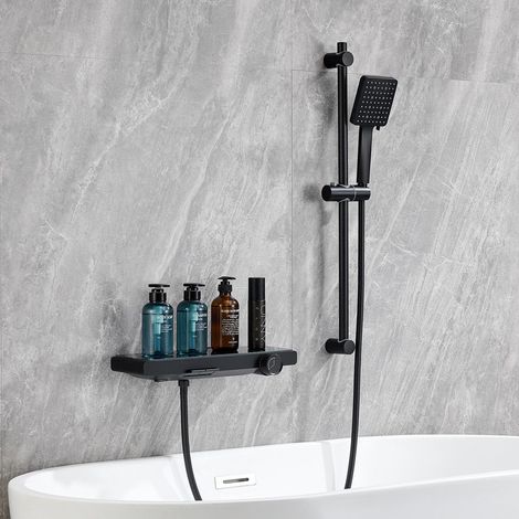 Auralum Max Robinet Baignoire avec Douche-Douchette Réglable en Hauteur avec 6 Modes de Jet-Ensemble Douche Salle de Bain à Touches Piano-Tuyau Acier Inoxydable 1.5m-Noir (1/5)