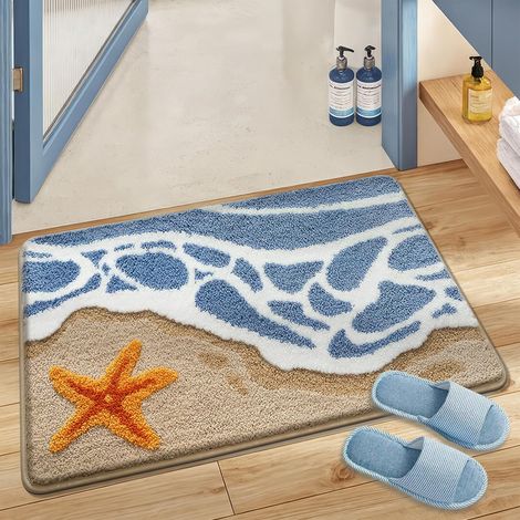 Tappetino da bagno in peluche a tema spiaggia, tappeto antiscivolo a forma di stella marina, morbido poliestere assorbente, lavabile in lavatrice, 40 cm x 60 cm, stella marina (1/5)