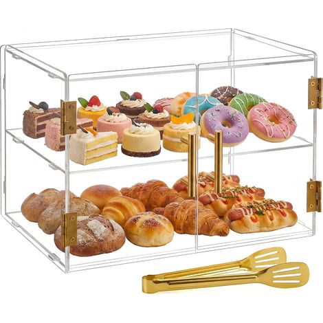 Vitrine de pâtisserie à 2 niveaux avec porte élastique, présentoir acrylique commercial pour comptoir, boîte d'affichage alimentaire de 18,9" x 9,29" x 13,39" (1/5)
