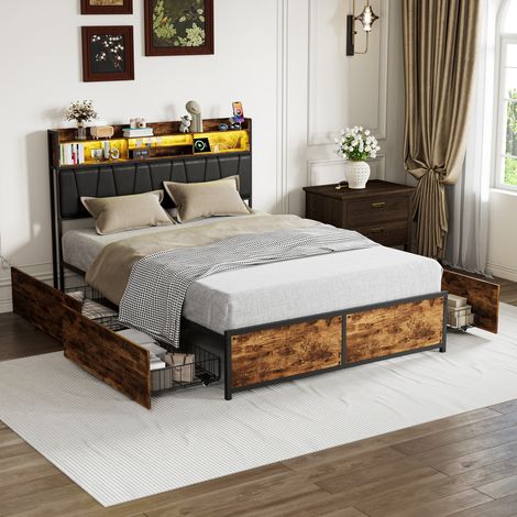JOOKGBD-Lit double 140x200 cm en métal et bois, tête de lit avec LED RGB et station de charge USB/Type-C, 4 tiroirs de rangement, design industriel, chambre adulte (1/5)