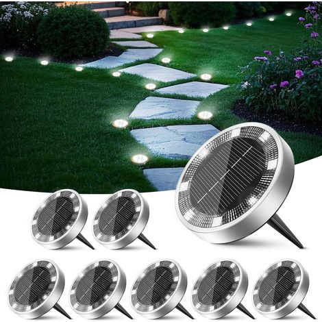 Lampe Solaire Au Sol Jardin Lot de 8, Lumiere Solaire Exterieur 8 LED, Étanche Spot Solaire Extérieur, Eclairage Solar pour Terrasse Allée Chemins Pelouse Cour Outdoor Garden, Blanc Froid (1/5)