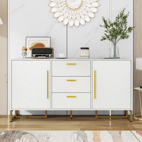 Buffet blanc motif chevrons avec 2 portes et 3 tiroirs - Meuble élégant pour salle à manger, cuisine et salon 145x40x75 cm (1/5)