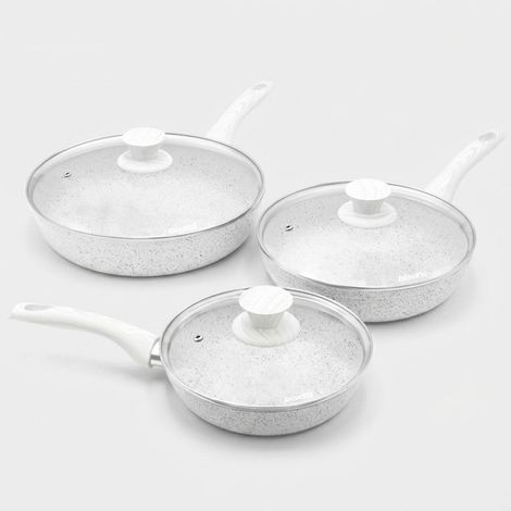 Set aus 3 antihaftbeschichteten Aluminiumpfannen mit Deckeln Bisetti Stonewhite (1/3)