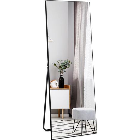 Grand Miroir sur Pied 140 x 51 cm - Cadre Noir en PVC, Verre Trempé, Support Stable en Fer avec Patins Anti-Dérapants - Idéal pour Chambre, Salon, Vestiaire (1/5)