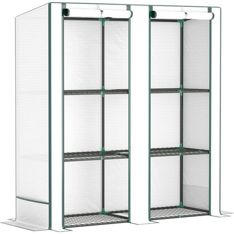 Invernadero mini con techo inclinado, doble puerta, estantes, acero, 144 x 48 x 152 cm, blanco (1/5)