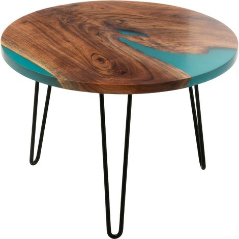 Table d'Appoint Ronde en Bois "Douglas" 38cm Naturel & Bleu (1/3)