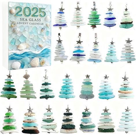 Sea Glass Calendrier de l'Avent 2025 avec 24 surprises Décoration de Noël réutilisable pour la maison Cadeau festif pour la famille et les amis (B) (1/5)