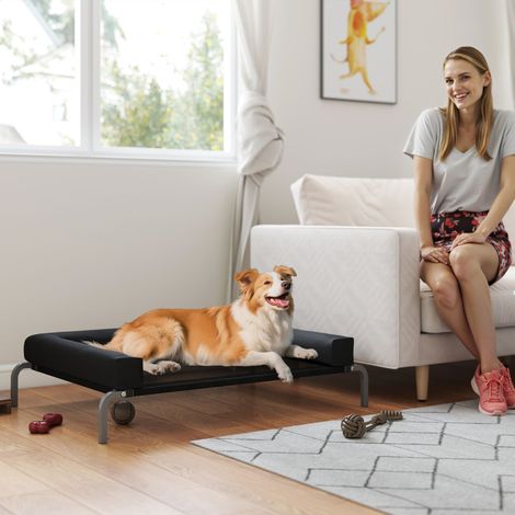 Cama para perros de 19,5 cm con cojín lavable en forma de U, cama elevada para perros en tela Oxford, Texteline y acero, cama para gatos de interior, 110 x 75 x 30 cm, negro y plata.