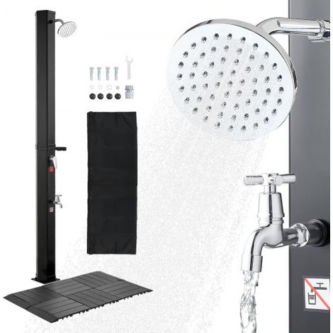 Solardusche 35L, Gartendusche 2160 mm Außendusche mit Bodenplatte & Fußarmatur, Pooldusche Warm- & Kaltwasserregulierung, Campingdusche für Garten, Poolbereich, Strandpool, Schwarz (1/5)