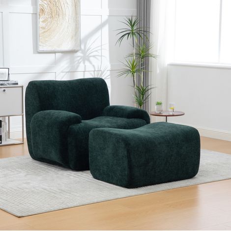 Sofá de chenilla con otomana, relleno de espuma 30D, montaje sin herramientas, ideal para espacios pequeños - verde (1/5)