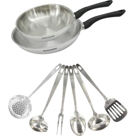 Set 2 poêles 20 et 28 cm en inox et 6 ustensiles inox Fackelmann Geneva (1/5)