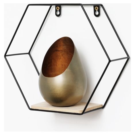 Etagère murale hexagonale en métal avec 1 tablette en bois - 25x28,5 cm - Noir