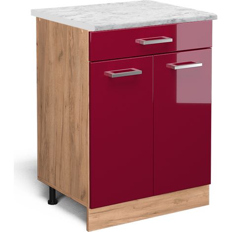 Schubladenschrank R-Line, Bordeaux Hochglanz, 60 cm AP Marmor, Vicco