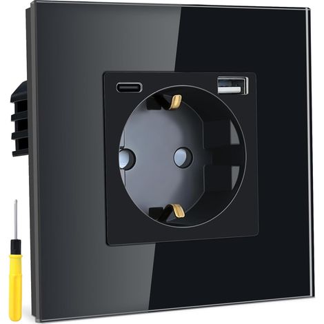 Prise avec USB-C USB-A QC 3.0 MAX 3A 1 compartiment prise encastrée, borne enfichable avec plaque en verre, prise murale noire 86 x 86 mm avec tournevis
