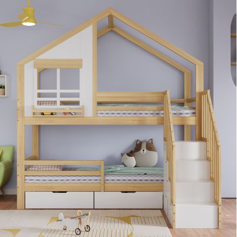 Cama infantil litera 90x200 cm con almacenaje, blanco y natural HAVRYA (1/5)