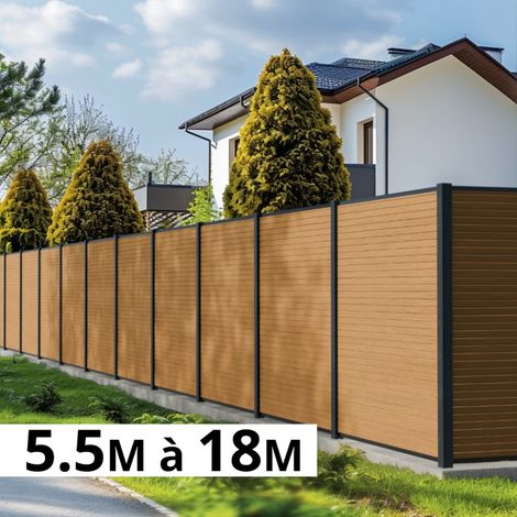 Kit Clôture Bois Composite Cèdre 5,55x1,8m SANTOS - Poteaux en Aluminium Gris - Brise Vue - Palissade