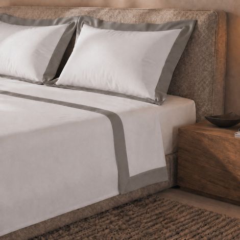 Parure de Lit 2 Personnes en Coton - Drap Housse, Drap Plat 250x295 et 2 Taies d'Oreiller - Satin Gris
