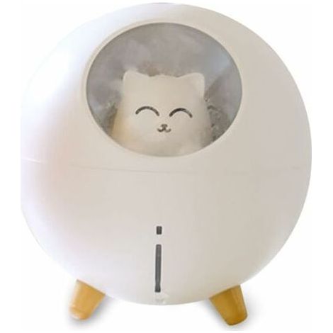 Humidificateur d'air Planet Cat, 220 ml, brume fraîche, 7 couleurs d'éclairage, arrêt automatique, idéal pour le bureau ou la chambre de bébé (Chat blanc). (1/5)