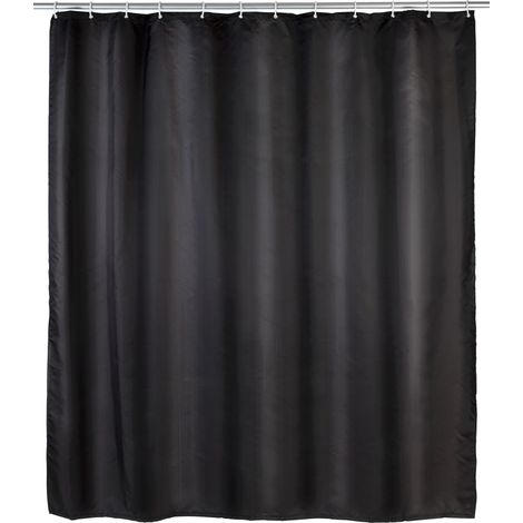 WENKO Tenda da doccia antimuffa, misura 180x200 cm, lavabile in lavatrice e impermeabile, include 12 anelli in plastica bianca, 100% Poliestere, 180x200 cm, Nero (1/5)