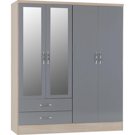Nevada 4 Door 2 Drawer Mirrored Wardrobe - L52 x W154 x H182.5 cm - Grey Gloss/Light Oak Effect Veneer