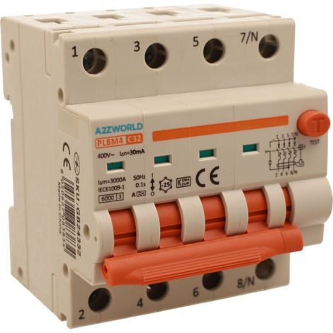 RCBO Interruttore Magnetotermico Differenziale Con Doppia Leva Tipo A - SI Curva C 4P 4M 6000A 30mA, Diagnostica Visiva, AC 400V IP20 IEC61009-1 PL8M4, Corrente Disponibili 10A 16A 20A 25A 32A 40A (C3